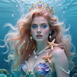 amy adams portrait, fantasy, mermaid, hyperrealistic, game character, underwater, highly detailed, sharp focus, cinematic lighting, pearls, glowing hair, shells, gills, crown, water, highlights, starfish, jewelry, realistic, digital art, pastel, magic, fiction, ocean, king, colorful hair, sparkly eyes, fish, heroic, goddess, waves, bubbles, queen