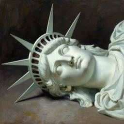 frazetta oil painting of cut off statue of libertys head with crown is lying sideways on the ground .side angle.low angle