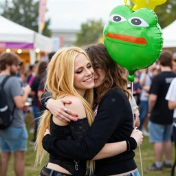 Avril Lavigne hugging doomer wojak at the faire whilst holding a pepe the frog baloon