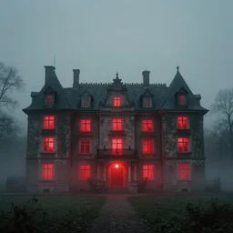 photograph of a utopian manor by ernst fuchs art, scary, red lights, 1 9 1 6, fog, atmospheric