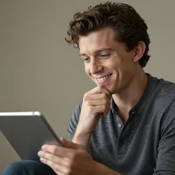 ultra - detailed portrait photo of tom holland thinks to write something on his tablet in his hand. he is smiling with his ideas