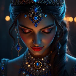 princess of sapphire, closed eyes, head down, glowing, ornate and intricate blue jewelry, jaw dropping beauty, glowing background lighting, blue accent lighting, hyper detailed, 4 k octane render