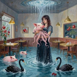 tall female emo artist holding a pig in a flooded cafe, octopus, water gushing from ceiling, painting of flood waters inside a cafe, a river flooding indoors, pomegranates, pigs, ikebana, water, octopus, river, rapids, waterfall, black swans, canoe, berries, acrylic on canvas, surrealist, by magritte and monet