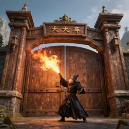 A wizard launching a fireball at a giant wooden gate, 4k, highly detailed, octane render