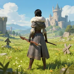 a warrior girl with black wedge hairstyle wearing a long gray cloak with white fur collar and leather boots holding a crossbow standing in a meadow with medieval fantasy landscape with castle in the distance, shot from behind, fantasy art, digital art, by andreas rocha, trending on artstation, vibrant colors