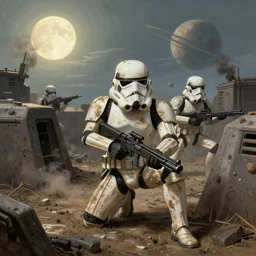 a 7 0 mm photo of a star wars imperial dirty filthy muddy stormtroopers crouching in the trenches of ww 2, sun, moon, smoke, planet, action pose, thomas kinkade, greg rutkowski, detailed illustration, digital art