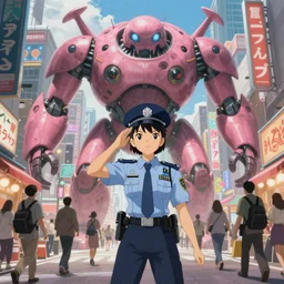 Artwork by James Jean, Phil noto and hiyao Miyazaki; a young Japanese future samurai police girl named Yoshimi battles an enormous looming evil natured carnivorous pink robot on the streets of Tokyo; Japanese shops and neon signage; crowds of people running; Art work by studio ghibli, Phil noto and James Jean