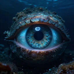 Giant eye in the deep ocean abyss, dark, scary, realistic, detailed