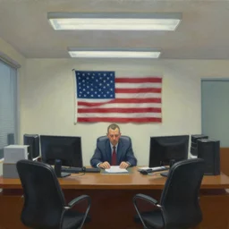 alex jones inside an american office under fluorescent lights, oil painting