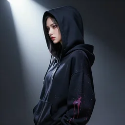 a cyberpunk goddess wearing hoodies, side portrait, striking, defiant, spotlight, paint drips, paint splatter, vibrant colors, beautiful eyes, by marco paludet and gianni strino and marion bolognesi