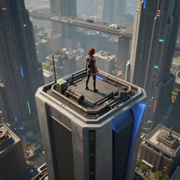 a woman standing on top of a tall building, a detailed matte painting by Jeremy Geddes, trending on cgsociety, panfuturism, playstation 5 screenshot, unreal engine, unreal engine 5