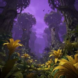 a lush alien forest, violet! sky, yellow!! plants, birds in flight, humid alien jungle, atmospheric, exotic, unreal engine, trending on artstation