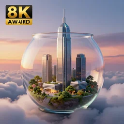 miniature skyscraper inside a fishbowl, floating on clouds, realistic 3 d render, unreal engine, gardens, ecofuturism, solarpunk, maya, 8 k, vmax, award winning, trending on artstation, smooth, sharp focus, octane, twilight sunset background