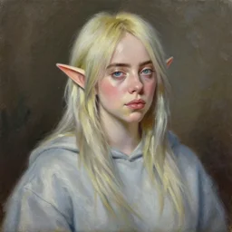 billie eilish as a beautiful elf princess, oil painting, by laura sava
