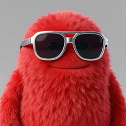 3 d render of completely red hairy friendly monster wearing chrome shades, full body, simple, cute, white background, unreal engine 5 hdr