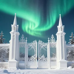 a very detailed concept art of intricate and scandinavian white gates to aurora borealis infused with light, trending on artstation, symmetry, digital art, 4 k, hyper realistic, octane render, sharp focus