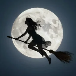 witch flying. her hands grasp the broom tightly as she rides quickly, becoming a silhouette across the full moon in the distance.