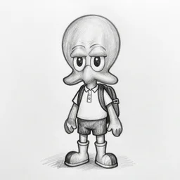 black and white pencil sketch of a squid boy on his first day of school.