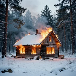 1 9 7 0 s movie still of a frozen burning house in a pine forest, cinestill 8 0 0 t 3 5 mm, high quality, heavy grain, high detail, texture, dramatic light, ultra wide lens, panoramic anamorphic, hyperrealistic,