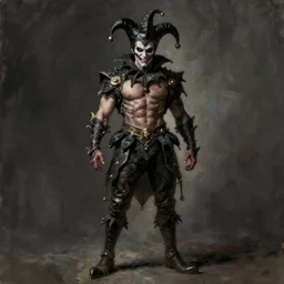 full body portrait of villainous male jester, dark, twisted. musular. medieval. highly detailed, cinematic lighting, digital art painting by greg rutkowski, trending on artstation