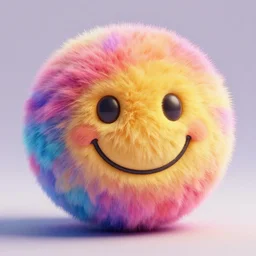 high quality 3 d render hyperrealistic very cute big spherical smile emoticon, whiskers, plush mascot, short spiky colorful dense fluffy smooth fur 1 cm long, psychedelic lighting, 1 5 0 mm, smooth background, artstation, elegant, ultra detailed, octane render