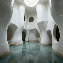 photo of a vast interior space of irregular rooms and corridors, bizarre architecture. ceramic white tiles on all the walls. the floor is flooded with one meter deep water. eerie, volumetric lighting