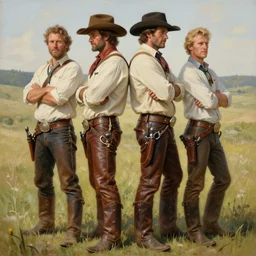 a symmetrical painting by clyde aspevig, greg rutkowski, gaston bussiere, j. c. leyendecker of attractive hairy gunslinger and handsome cowboy wearing leather pants and bandoliers, they are in love standing back to back | natural lighting, path traced, highly detailed, high quality, tom of finland, trending on artstation