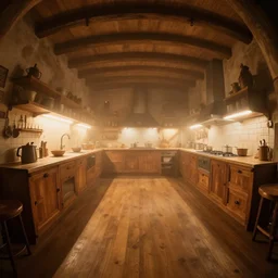 fog, volumetric lighting, fisheye, curved perspective, naive, extra narrow, wooden kitchen, large floor, tavern by rhads, by antoni gaudi, by goya, warm tones