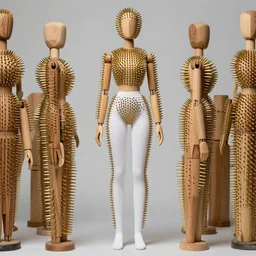 realistic photo of a female full - height model wooden realistic dolls, wearing white tights, covered with long brass spikes needles, center straight composition, seamless, front view 2 0 0 0, life magazine photo, museum archival photo