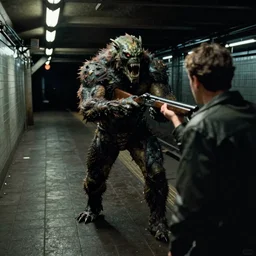 color video footage of the monster hunting in dark lightless subway station, a man holding shotgun, midnight, 2 0 0 0's