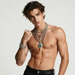 a photographic character model design of a very handsome young confident man wearing excessive jewelry in an ornate and elegant way, flirtatious