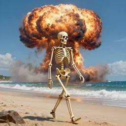 Professional painting of anatomically correct skeleton walking along the beach, big highly detailed nuclear bomb explosion in the background, trending on Artstation, realistic, ultra detail, by Greg Rutkowski