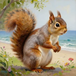 a giant fluffy squirrel carrying emma watson on its back, beach scene, flowers and foliage, detailed oil painting