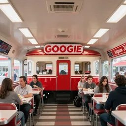 1 9 7 5 googie oregon train themed classic american diner, people sitting at tables, googie architecture, one point perspective, americana, restaurant interior photography, hd 4 k, taken by alex webb