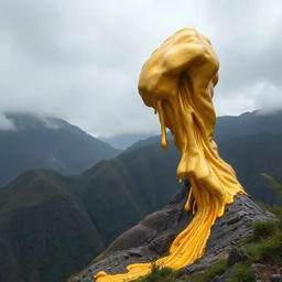 color photo of a massive liquid gold sculpture in the ecuadorian mountains, photography by werner herzog