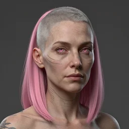 middle aged woman ; muted pink shoulder length shaved side ; grey skin ; muted pink eyes ; face tattoos lines ; alchemist ; trending on artstation ; cinematic ; high detail ; digital art