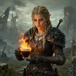 highly detailed elden ring portrait photo of a flamewalker holding a burning cup of coffee in a scenic dystopian environment, hyperrealistic illustration by william didier - pouget