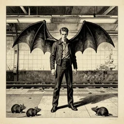 Slim man with bat wings in an abandoned London Underground station with rats in 1950, dark fantasy, detailed illustration, graphic art, gritty photograph on yellowing paper
