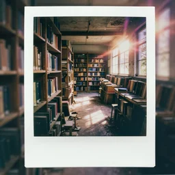 analog polaroid of an abandoned library, colored books, dusty, lens flare, ambient lighting, color bleed