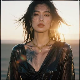 filmstill photography of asian female body covered with wet black translucent blanket acrylic liquid colors, luxurious supermodel photoshooting, golden jewelry, bokeh, godrays, strong wind, wrinkles, sunrays, sunset, strong lens flares
