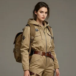 full figure character concept art of a gorgeous young woman wearing a designer khaki outfit with a backpack and hoodie and leather belts in the style of stefan kostic, realistic, sharp focus, 8k high definition, insanely detailed, intricate, elegant, art by stanley lau and artgerm