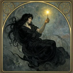 a true hero, sinking, wrapped in black, clutching a hopespark in the drifting voids. Art Nouveau, by Rebecca Guay and Paul Lehr