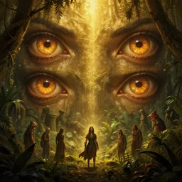 epic professional digital art of hungry eyes, gold ambient light, jungle, painted, mysterious, eerie, mythic, detailed, intricate, grand, leesha hannigan, wayne haag, reyna rochin, ignacio fernandez rios, mark ryden, van herpen, best on artstation, cgsociety, epic, stunning, gorgeous, much wow, cinematic