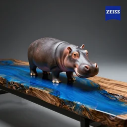 a photo of a model hippo made of wood and resin countertop blue epoxy resin river countertop, dramatic lighting, studio zeiss 1 5 0 mm f 2. 8 hasselblad, award - winning photo