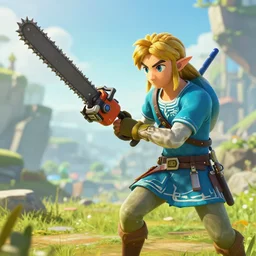 link from legend of zelda wielding a chainsaw, hyperrealistic