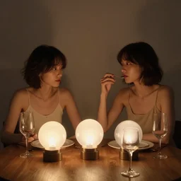 two spherical glass plasma lamps with human normal human bodies having an awkward dinner date.