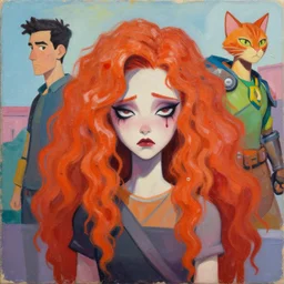 greg manchess portrait painting of ginger girl!!! long curly hair!! evil, sad! with a ginger cat as overwatch character, medium shot, asymmetrical, profile picture, organic painting, sunny day, matte painting, bold shapes, hard edges, street art, trending on artstation, by huang guangjian and gil elvgren and sachin teng