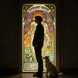 an adult man stands with a pet at the door, a dark room, side profile centered portrait, by artgerm, cushart krenz, greg rutkowski, storyboard, mucha. art nouveau. gloomhaven, swirly vibrant ripples, gaudy colors, sharp edges. ultra clear detailed. 8 k. elegant, intricate, octane render