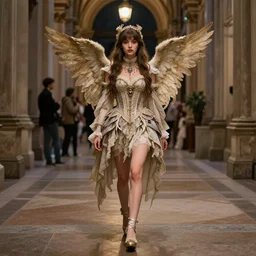 angelic girl in intricate clothing walking a cathedralic hallway at night, wlop, ilya kuvshinov, artgerm, krenz cushart, greg rutkowski, sana takeda