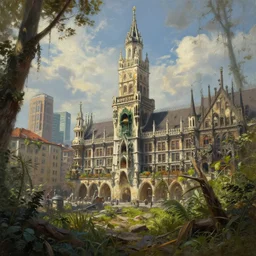 postapocalyptic city of munich!!!, wild forest!!! vegetation!!!, hyperrealistic, highly detailed, cinematic, sunny light, beautiful, cgssociety, artstation, 8 k, oil painting by greg rutkowski, by artgerm, by wlop